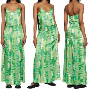 Women's 100% Silk Watercolour-print V-Neck Maxi Slip Dress EU Size 36 Green